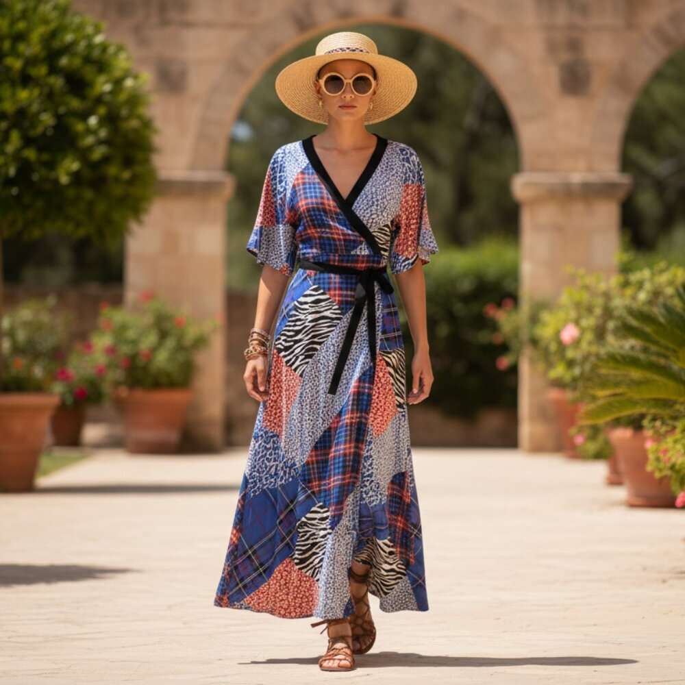 Mixed Print Maxi Dress w/ Shoulder Slits - Picture 6 of 6